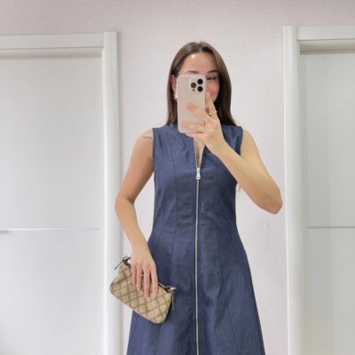 Kadın Jeans Kot Önü Tam Fermuarlı  Uzun Elbise - Mavi