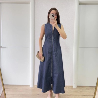 Kadın Jeans Kot Önü Tam Fermuarlı  Uzun Elbise - Mavi