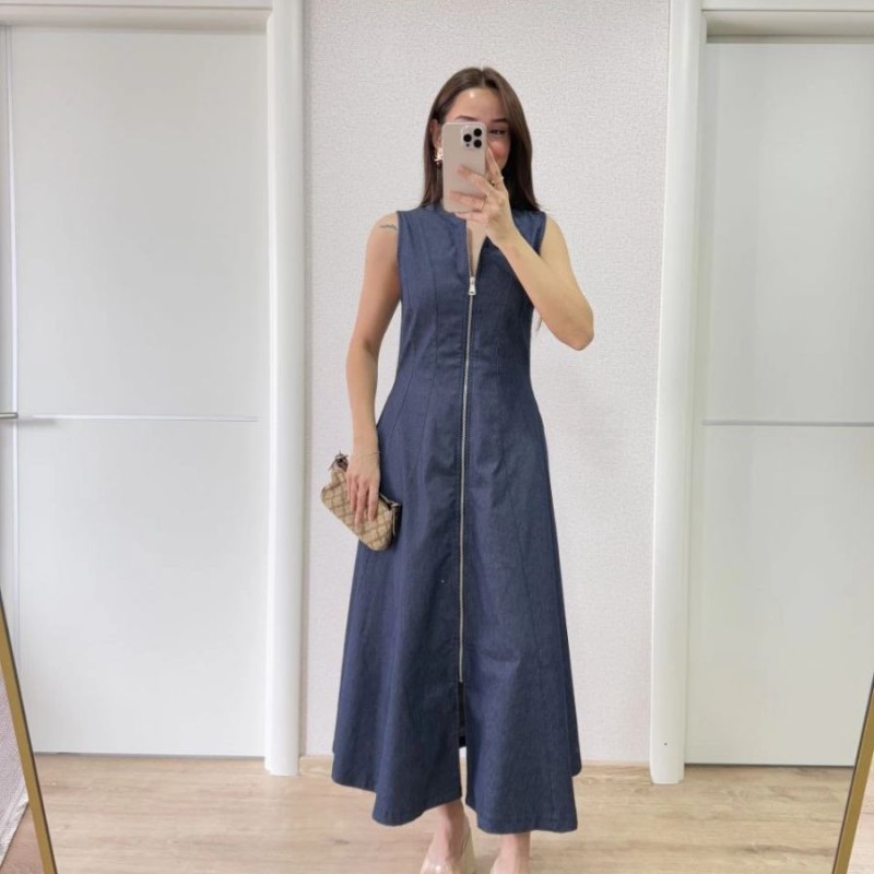 Kadın Jeans Kot Önü Tam Fermuarlı  Uzun Elbise - Mavi
