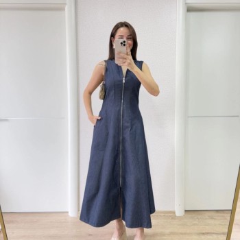 Kadın Jeans Kot Önü Tam Fermuarlı  Uzun Elbise - Mavi