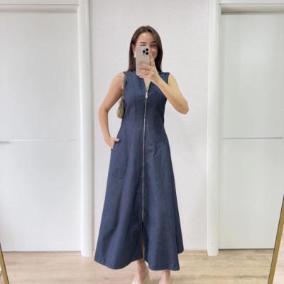 Kadın Jeans Kot Önü Tam Fermuarlı  Uzun Elbise - Mavi