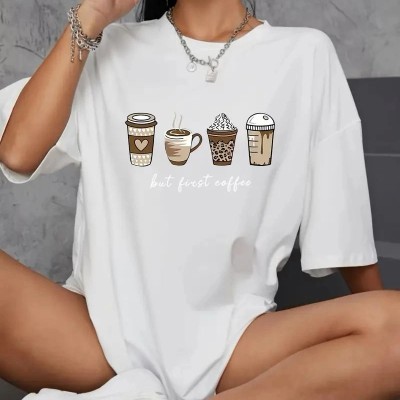 Kadın Kahve Desen Baskılı Tişört Kısa Kol Bisiklet Yaka Oversize T-Shirt - Beyaz