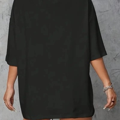 Kadın Kahve Desen Baskılı Tişört Kısa Kol Bisiklet Yaka Oversize T-Shirt - Siyah