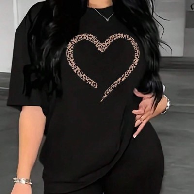 Kadın Kalp Baskılı T-Shirt Kısa Kol Bisiklet Yaka Oversize Tişört - Siyah