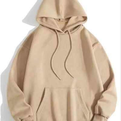 Kadın Kapüşonlu Kanguru Cepli 3 İplik Pamuklu Düz Hoodie Sweatshirt - Bej