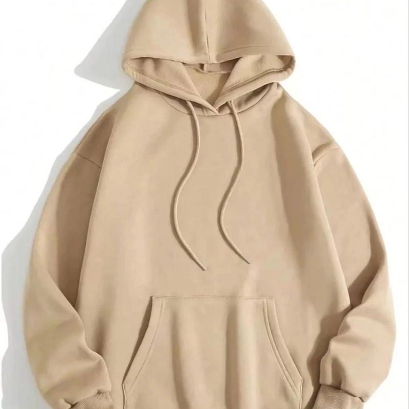 Kadın Kapüşonlu Kanguru Cepli 3 İplik Pamuklu Düz Hoodie Sweatshirt - Bej