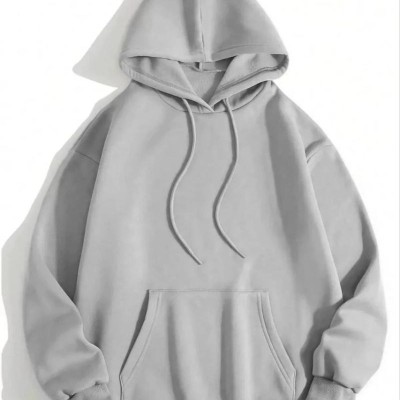 Kadın Kapüşonlu Kanguru Cepli 3 İplik Pamuklu Düz Hoodie Sweatshirt - Gri