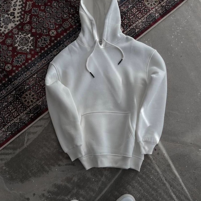 Kadın Kapüşonlu Kanguru Cepli 3 İplik Pamuklu Oversize Hoodie Sweatshirt - Beyaz