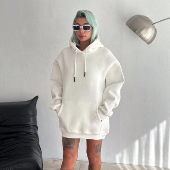 Kadın Kapüşonlu Kanguru Cepli 3 İplik Pamuklu Oversize Hoodie Sweatshirt - Beyaz