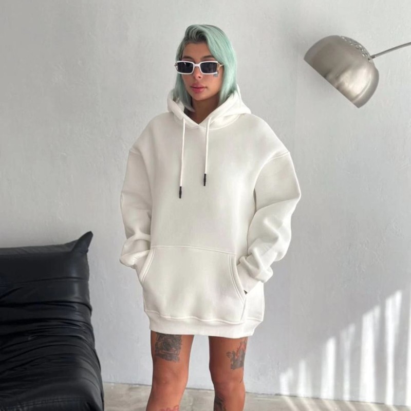 Kadın Kapüşonlu Kanguru Cepli 3 İplik Pamuklu Oversize Hoodie Sweatshirt - Beyaz