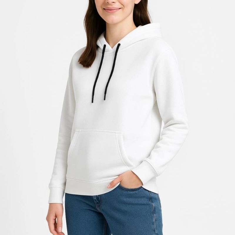 Kadın Kapüşonlu Kanguru Cepli 3 İplik Pamuklu Oversize Hoodie Sweatshirt - Beyaz