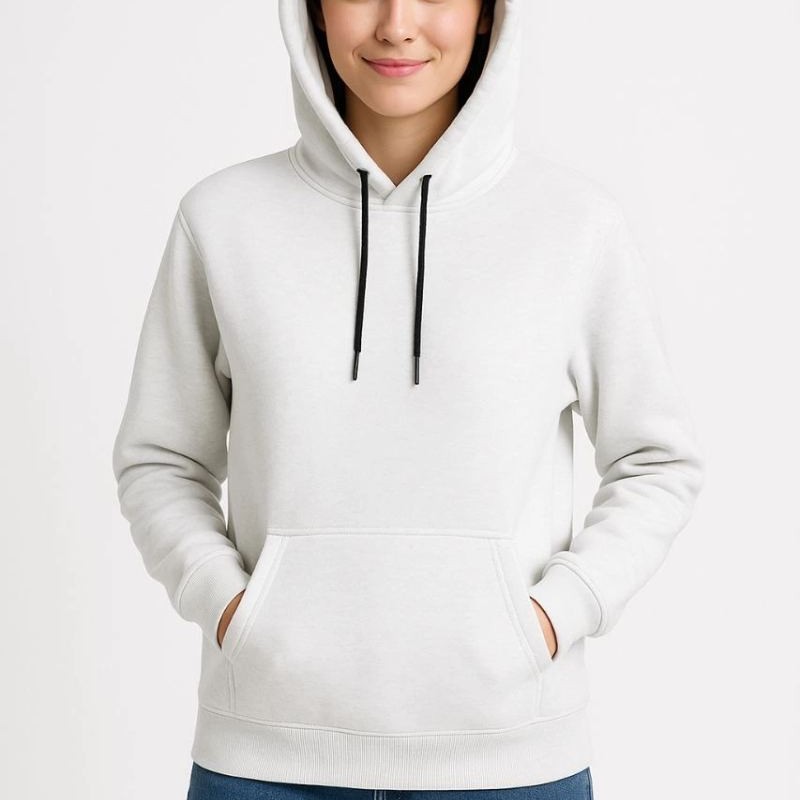 Kadın Kapüşonlu Kanguru Cepli 3 İplik Pamuklu Oversize Hoodie Sweatshirt - Beyaz