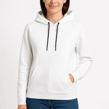 Kadın Kapüşonlu Kanguru Cepli 3 İplik Pamuklu Oversize Hoodie Sweatshirt - Beyaz