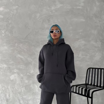 Kadın Kapüşonlu Kanguru Cepli 3 İplik Pamuklu Oversize Hoodie Sweatshirt - Füme