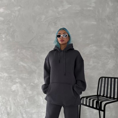 Kadın Kapüşonlu Kanguru Cepli 3 İplik Pamuklu Oversize Hoodie Sweatshirt - Füme