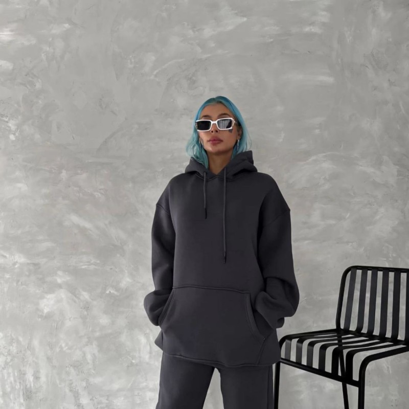 Kadın Kapüşonlu Kanguru Cepli 3 İplik Pamuklu Oversize Hoodie Sweatshirt - Füme