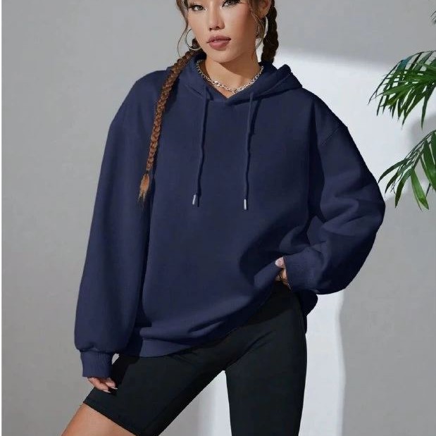 Kadın Kapüşonlu Kanguru Cepli 3 İplik Pamuklu Oversize Hoodie Sweatshirt - Lacivert