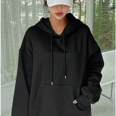 Kadın Kapüşonlu Kanguru Cepli 3 İplik Pamuklu Oversize Hoodie Sweatshirt - Siyah