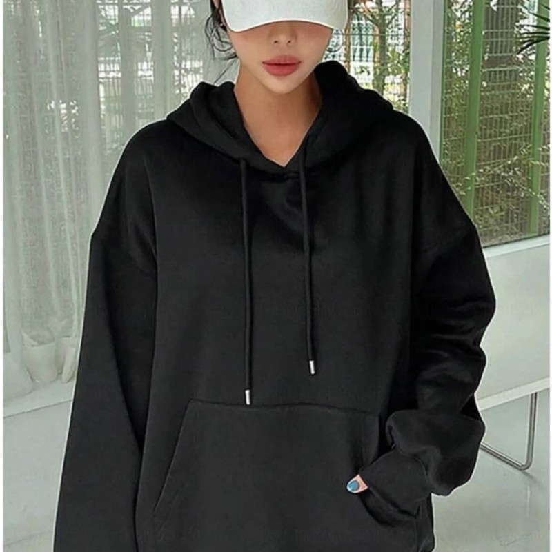 Kadın Kapüşonlu Kanguru Cepli 3 İplik Pamuklu Oversize Hoodie Sweatshirt - Siyah