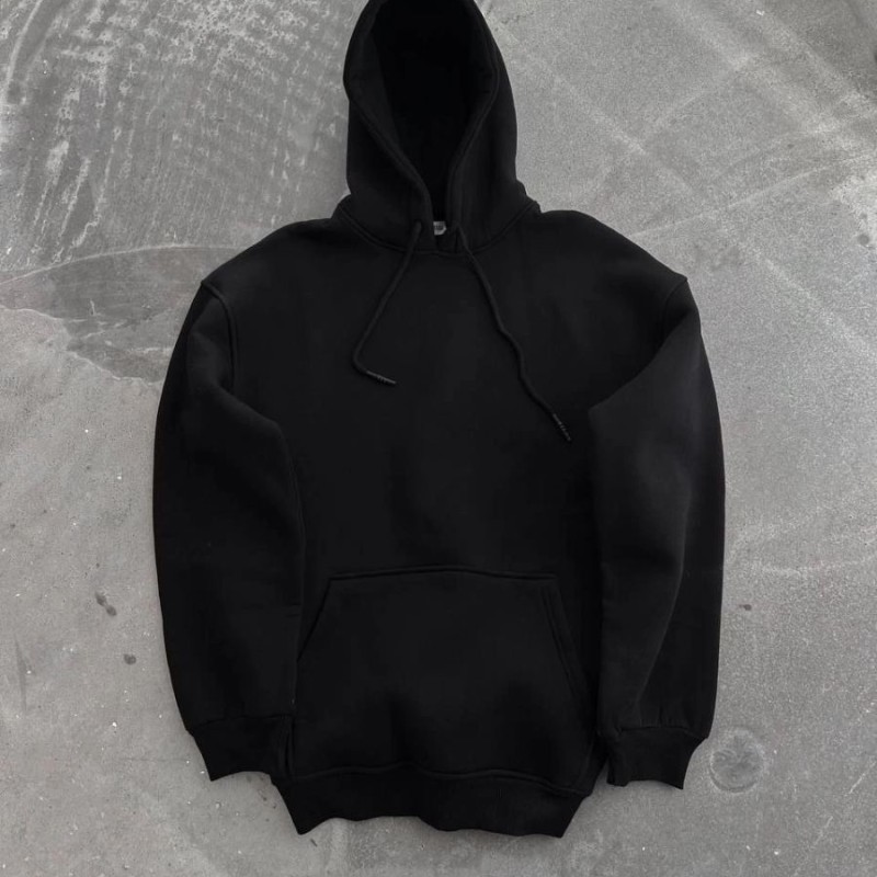 Kadın Kapüşonlu Kanguru Cepli 3 İplik Pamuklu Oversize Hoodie Sweatshirt - Siyah