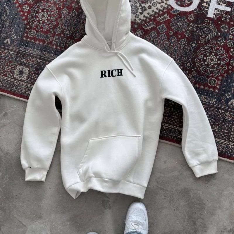 Kadın Kapüşonlu Kanguru Cepli Sweatshirt 3 İplik Pamuklu Baskılı Hoodie - Beyaz