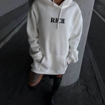 Kadın Kapüşonlu Kanguru Cepli Sweatshirt 3 İplik Pamuklu Baskılı Hoodie - Beyaz