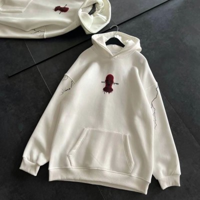 Kadın Kapüşonlu Kanguru Cepli Sweatshirt 3 İplik Pamuklu Baskılı Hoodie - Beyaz