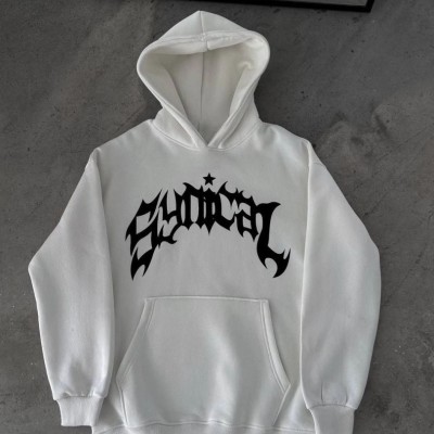 Kadın Kapüşonlu Kanguru Cepli Sweatshirt 3 İplik Pamuklu Baskılı Hoodie -  Beyaz