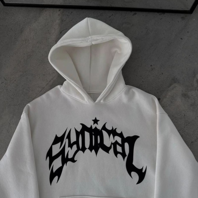 Kadın Kapüşonlu Kanguru Cepli Sweatshirt 3 İplik Pamuklu Baskılı Hoodie -  Beyaz
