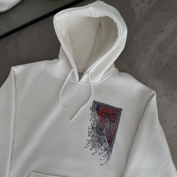 Kadın Kapüşonlu Kanguru Cepli Sweatshirt 3 İplik Pamuklu Baskılı Hoodie - Beyaz