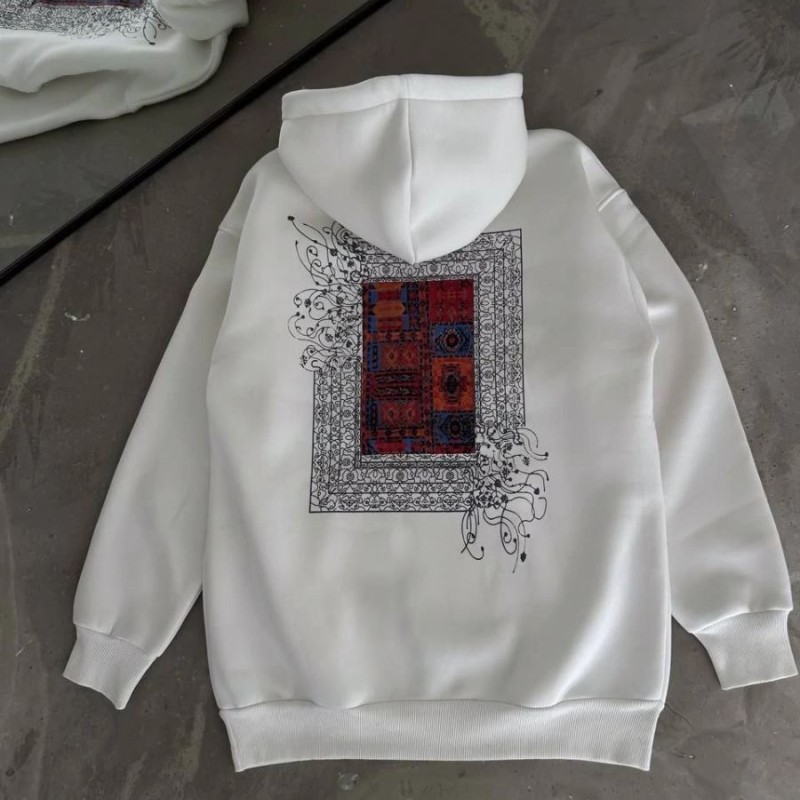 Kadın Kapüşonlu Kanguru Cepli Sweatshirt 3 İplik Pamuklu Baskılı Hoodie - Beyaz