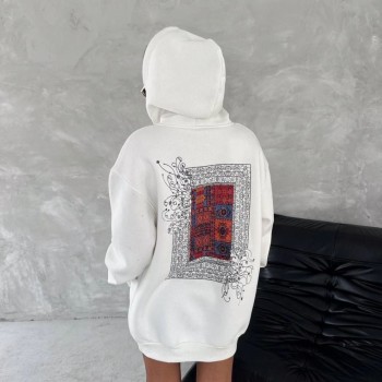 Kadın Kapüşonlu Kanguru Cepli Sweatshirt 3 İplik Pamuklu Baskılı Hoodie - Beyaz