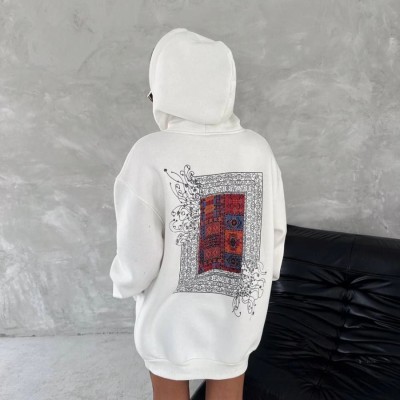 Kadın Kapüşonlu Kanguru Cepli Sweatshirt 3 İplik Pamuklu Baskılı Hoodie - Beyaz