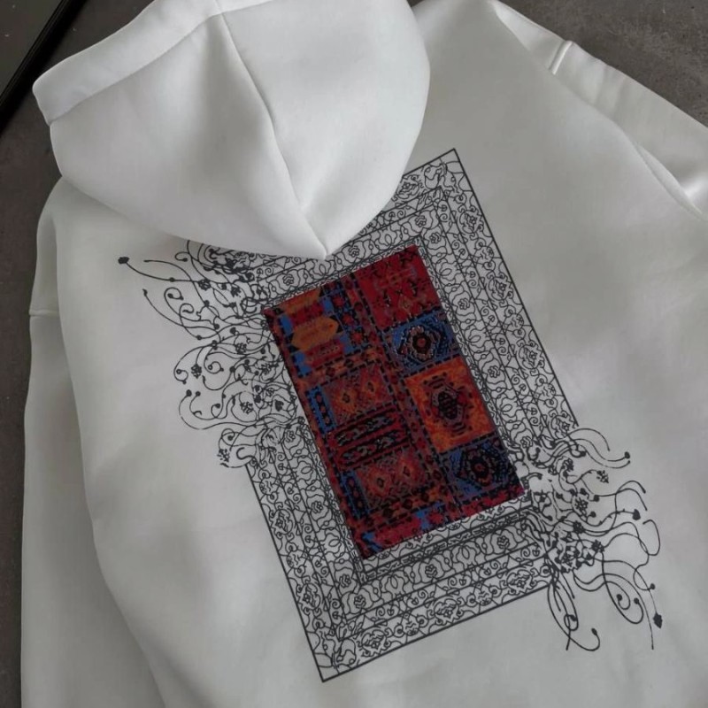 Kadın Kapüşonlu Kanguru Cepli Sweatshirt 3 İplik Pamuklu Baskılı Hoodie - Beyaz