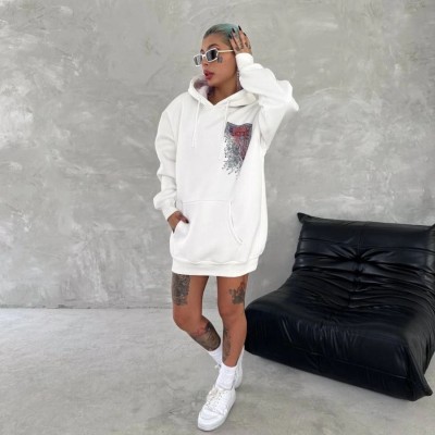 Kadın Kapüşonlu Kanguru Cepli Sweatshirt 3 İplik Pamuklu Baskılı Hoodie - Beyaz