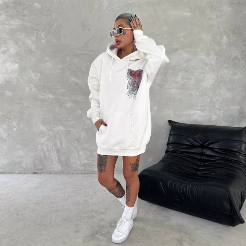 Kadın Kapüşonlu Kanguru Cepli Sweatshirt 3 İplik Pamuklu Baskılı Hoodie - Beyaz