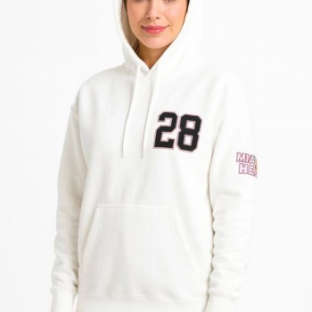 Kadın Kapüşonlu Kanguru Cepli Sweatshirt 3 İplik Pamuklu Baskılı Hoodie - Beyaz