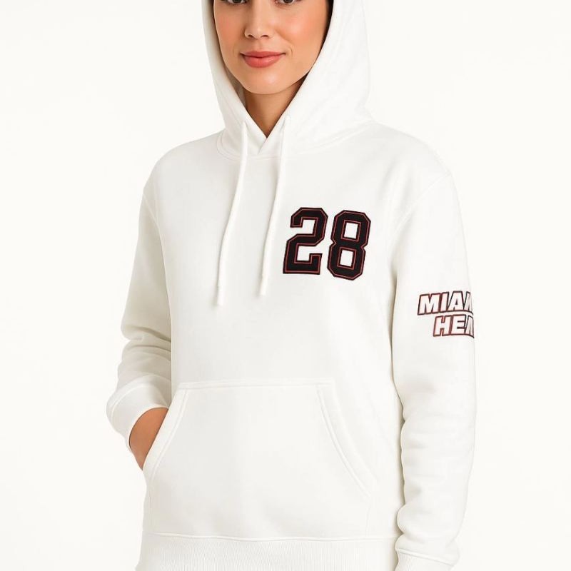 Kadın Kapüşonlu Kanguru Cepli Sweatshirt 3 İplik Pamuklu Baskılı Hoodie - Beyaz