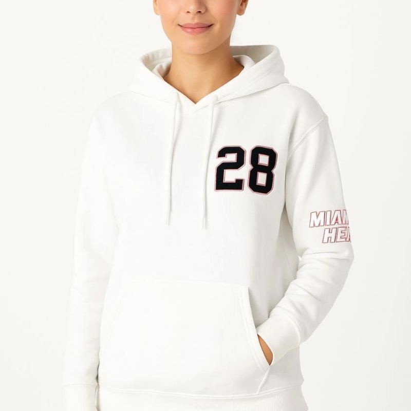 Kadın Kapüşonlu Kanguru Cepli Sweatshirt 3 İplik Pamuklu Baskılı Hoodie - Beyaz