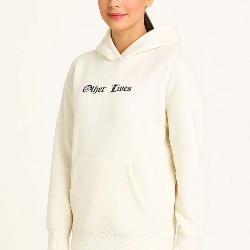 Kadın Kapüşonlu Kanguru Cepli Sweatshirt 3 İplik Pamuklu Baskılı Hoodie - Beyaz