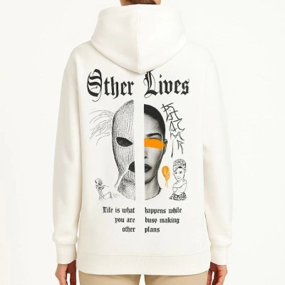 Kadın Kapüşonlu Kanguru Cepli Sweatshirt 3 İplik Pamuklu Baskılı Hoodie - Beyaz
