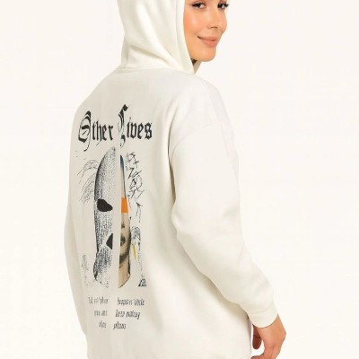 Kadın Kapüşonlu Kanguru Cepli Sweatshirt 3 İplik Pamuklu Baskılı Hoodie - Beyaz