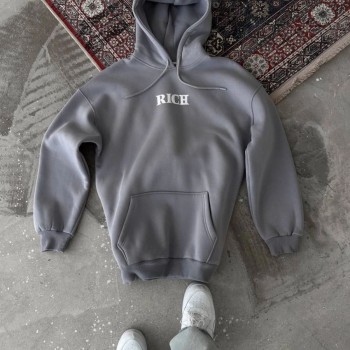 Kadın Kapüşonlu Kanguru Cepli Sweatshirt 3 İplik Pamuklu Baskılı Hoodie - Gri
