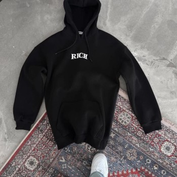 Kadın Kapüşonlu Kanguru Cepli Sweatshirt 3 İplik Pamuklu Baskılı Hoodie - Siyah