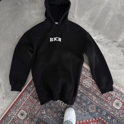 Kadın Kapüşonlu Kanguru Cepli Sweatshirt 3 İplik Pamuklu Baskılı Hoodie - Siyah