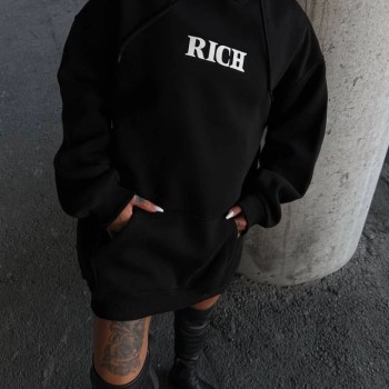 Kadın Kapüşonlu Kanguru Cepli Sweatshirt 3 İplik Pamuklu Baskılı Hoodie - Siyah