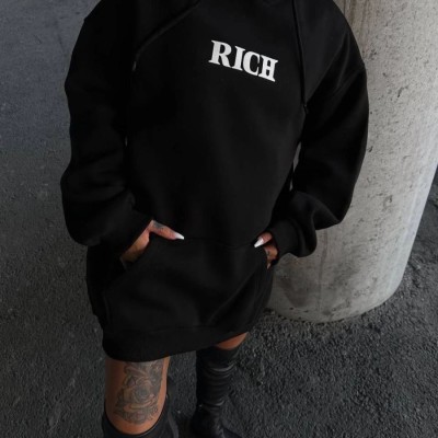 Kadın Kapüşonlu Kanguru Cepli Sweatshirt 3 İplik Pamuklu Baskılı Hoodie - Siyah