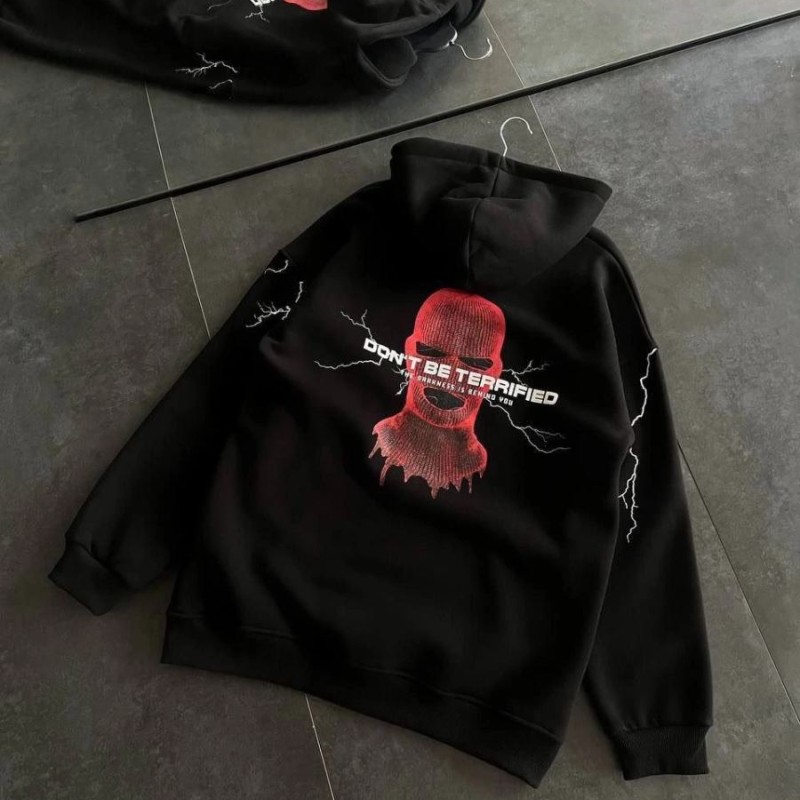 Kadın Kapüşonlu Kanguru Cepli Sweatshirt 3 İplik Pamuklu Baskılı Hoodie - Siyah
