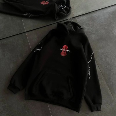 Kadın Kapüşonlu Kanguru Cepli Sweatshirt 3 İplik Pamuklu Baskılı Hoodie - Siyah