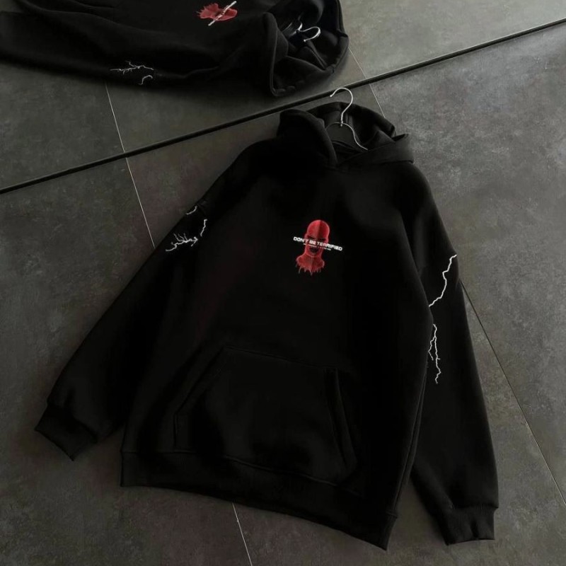 Kadın Kapüşonlu Kanguru Cepli Sweatshirt 3 İplik Pamuklu Baskılı Hoodie - Siyah